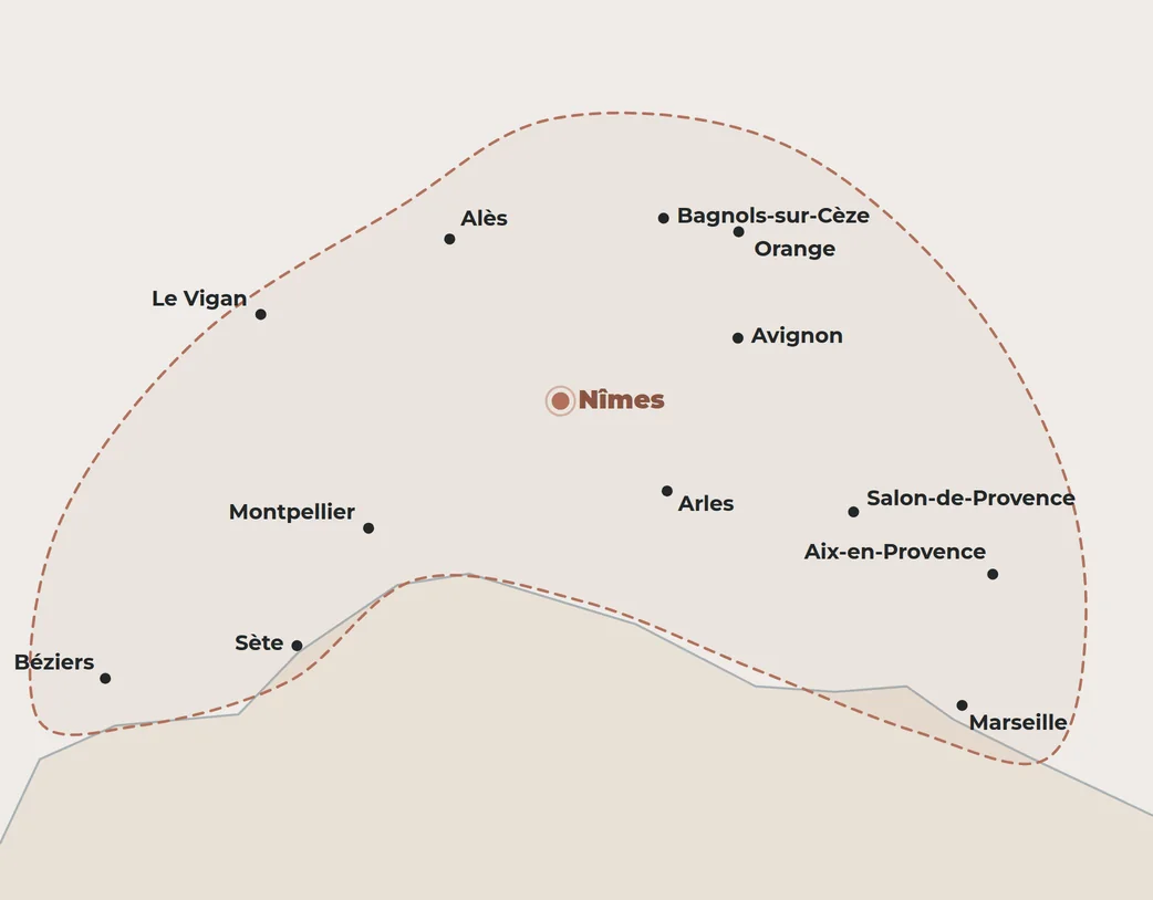 Carte de la zone d'intervention autour de Nîmes : Montpellier, Alès, Arles, Béziers, Marseille